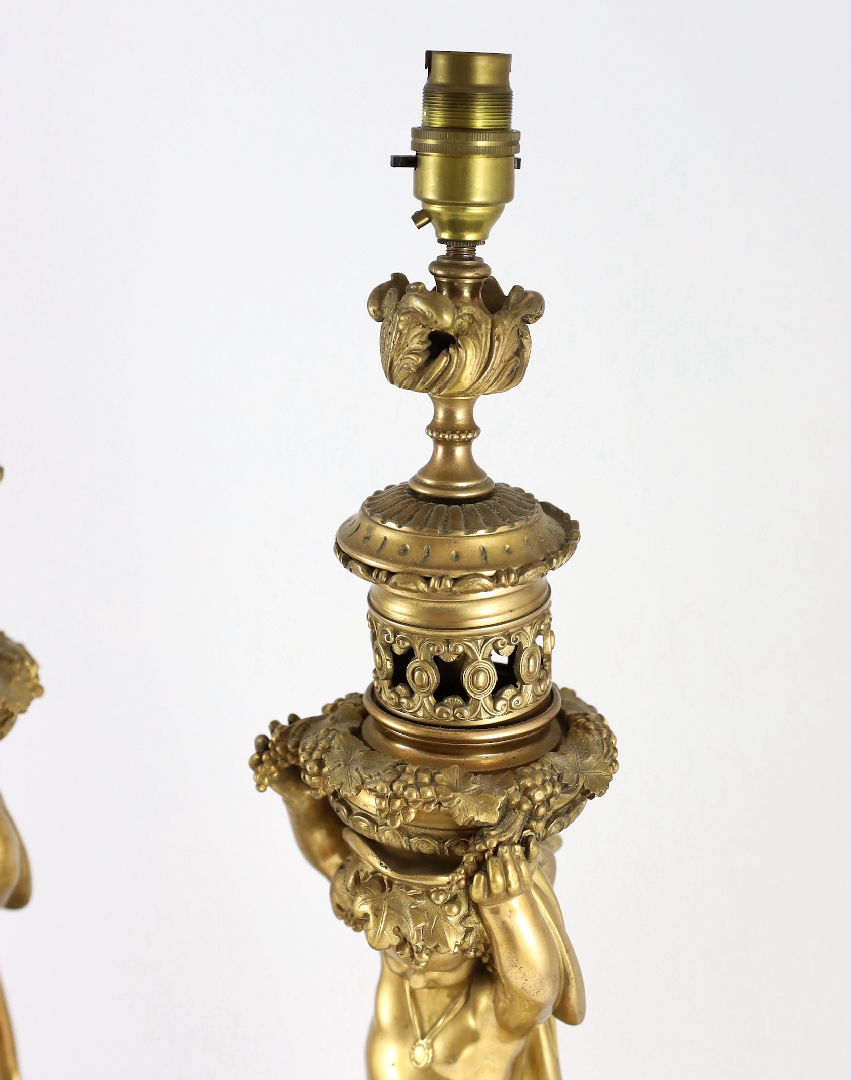 A pair of Victorian style ormolu table lamps, 50cm high to fittings